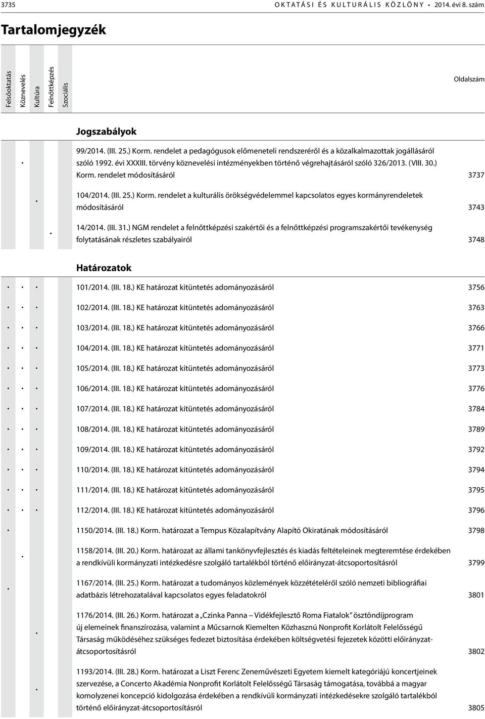 rendelet módosításáról 3737 104/2014. (III. 25.) Korm. rendelet a kulturális örökségvédelemmel kapcsolatos egyes kormányrendeletek módosításáról 3743 14/2014. (III. 31.