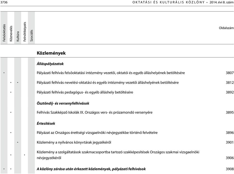 Pályázati felhívás nevelési-oktatási és egyéb intézmény vezetői álláshelyének betöltésére 3812 Pályázati felhívás pedagógus- és egyéb álláshely betöltésére 3892 Ösztöndíj- és versenyfelhívások