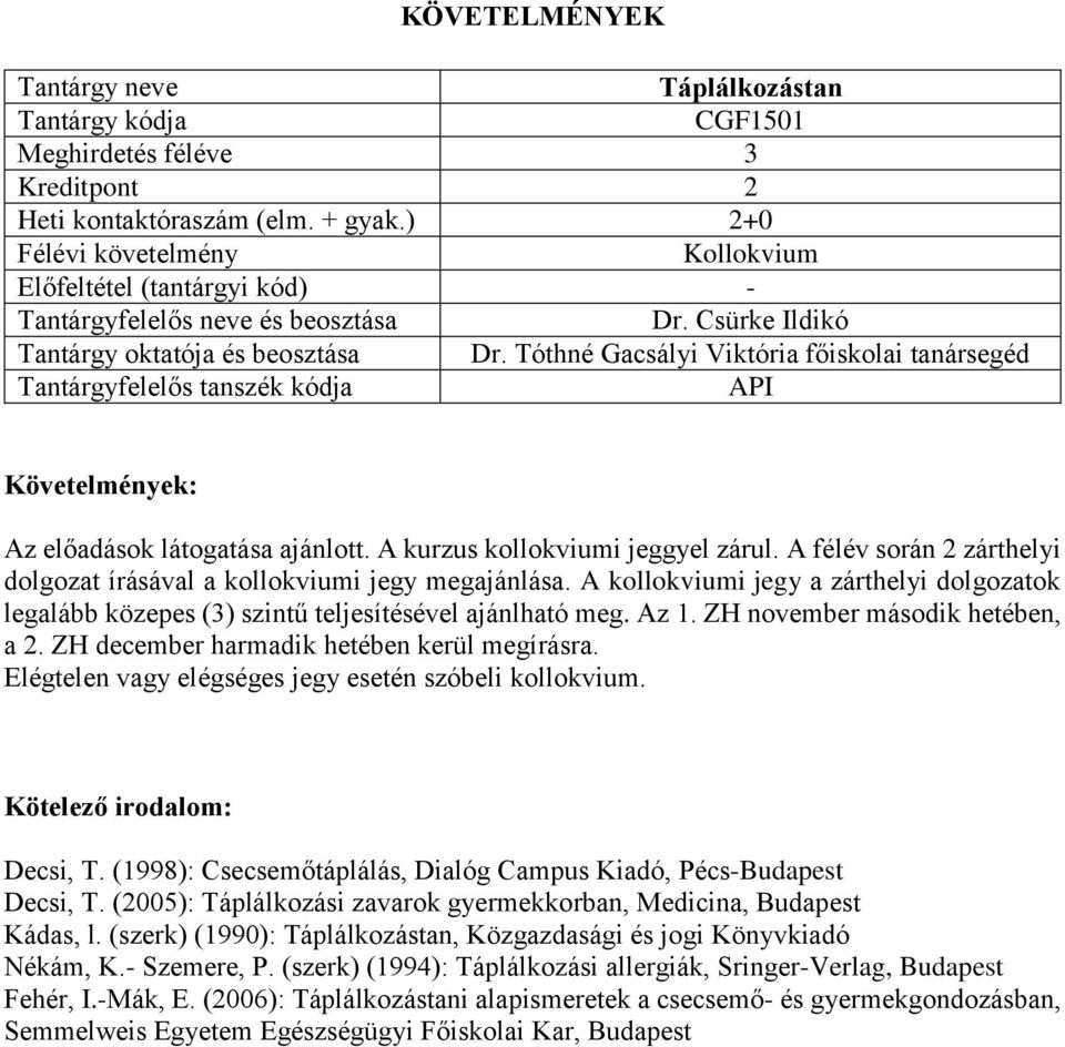 ZH november második hetében, a 2. ZH december harmadik hetében kerül megírásra. Elégtelen vagy elégséges jegy esetén szóbeli kollokvium. Decsi, T.