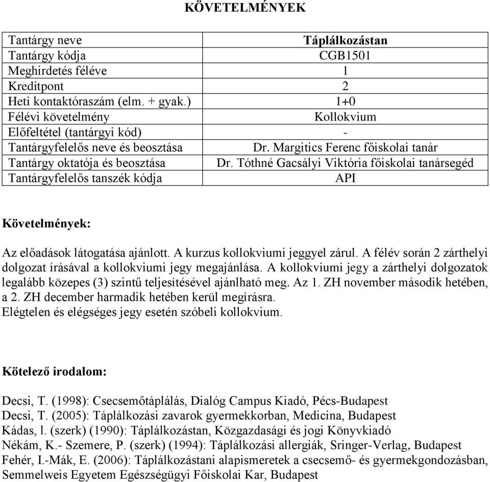 ZH november második hetében, a 2. ZH december harmadik hetében kerül megírásra. Elégtelen és elégséges jegy esetén szóbeli kollokvium. Decsi, T.