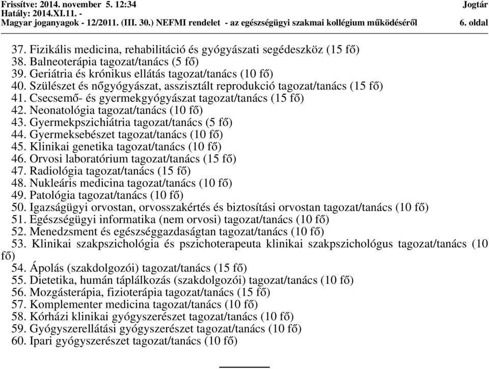 Gyermekpszichiátria tagozat/tanács (5 fő) 44. Gyermeksebészet tagozat/tanács (10 fő) 45. Klinikai genetika tagozat/tanács (10 fő) 46. Orvosi laboratórium tagozat/tanács (15 fő) 47.