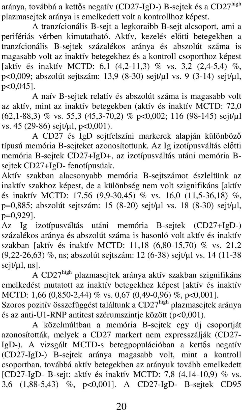 Aktív, kezelés előtti betegekben a tranzícionális B-sejtek százalékos aránya és abszolút száma is magasabb volt az inaktív betegekhez és a kontroll csoporthoz képest [aktív és inaktív MCTD: 6,1