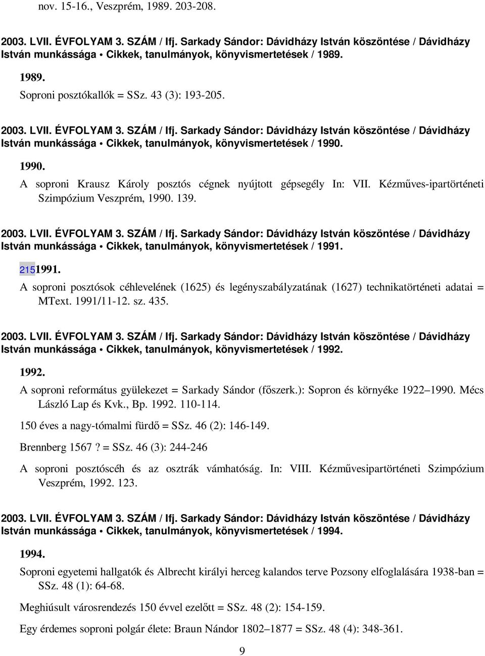 1990. A soproni Krausz Károly posztós cégnek nyújtott gépsegély In: VII. Kézmőves-ipartörténeti Szimpózium Veszprém, 1990. 139. 2003. LVII. ÉVFOLYAM 3. SZÁM / Ifj.