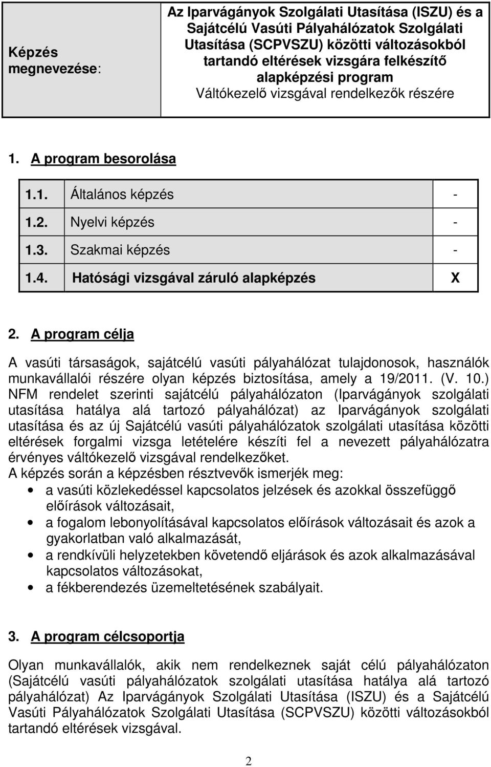 A program célja A vasúti társaságok, sajátcélú vasúti pályahálózat tulajdonosok, használók munkavállalói részére olyan képzés biztosítása, amely a 19/2011. (V. 10.