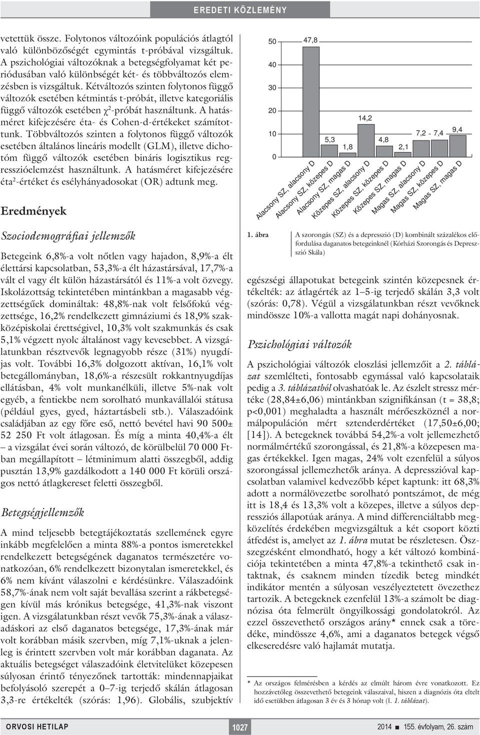 Kétváltozós szinten folytonos függő változók esetében kétmintás t-próbát, illetve kategoriális függő változók esetében χ 2 -próbát használtunk.