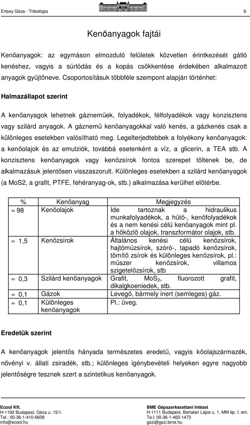 Csoportosításuk többféle szempont alapján történhet: Halmazállapot szerint A kenőanyagok lehetnek gázneműek, folyadékok, félfolyadékok vagy konzisztens vagy szilárd anyagok.