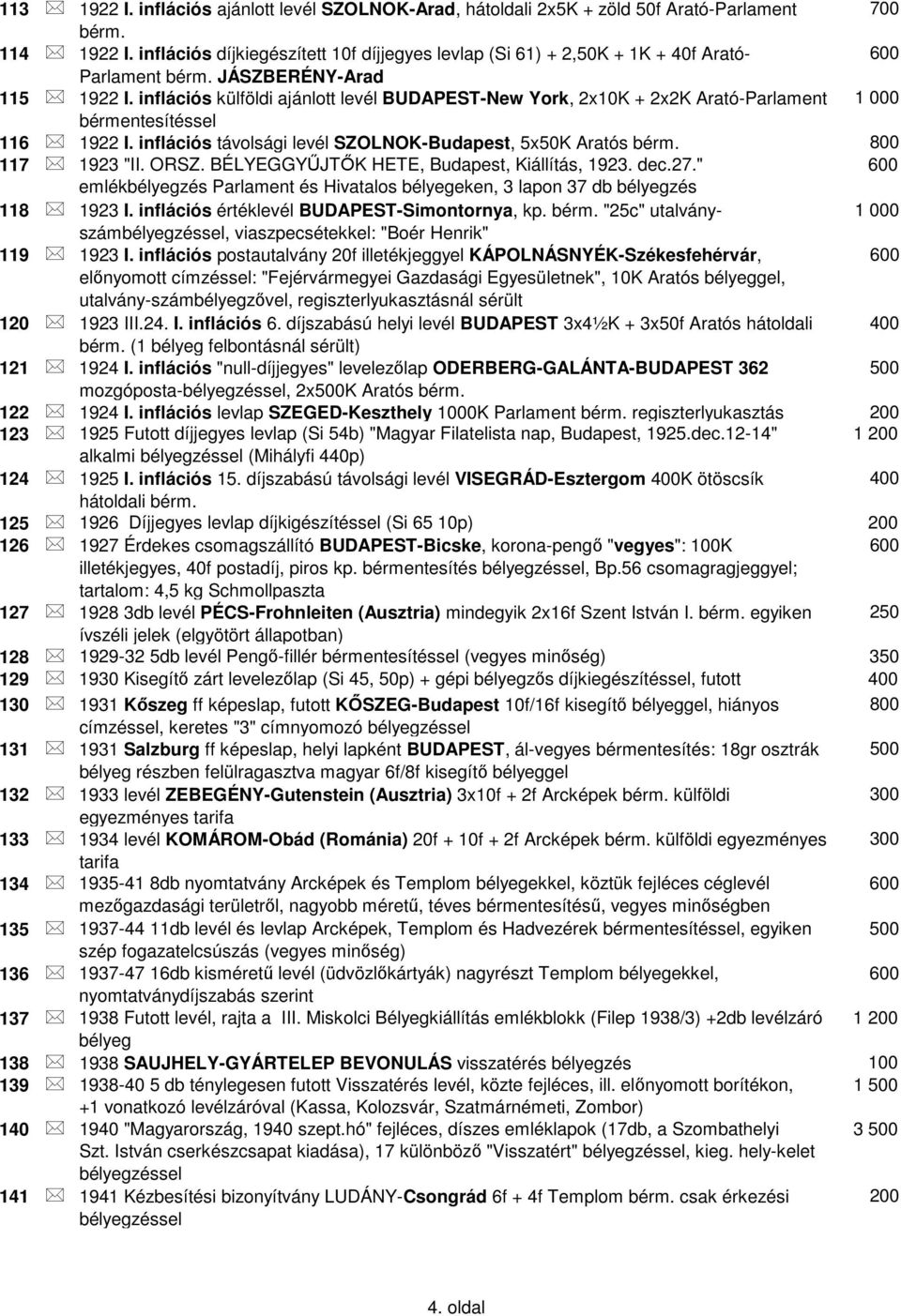 inflációs külföldi ajánlott levél BUDAPEST-New York, 2x0K + 2x2K Arató-Parlament bérmentesítéssel 6 922 I. inflációs távolsági levél SZOLNOK-Budapest, 5x50K Aratós bérm. 800 7 923 "II. ORSZ.