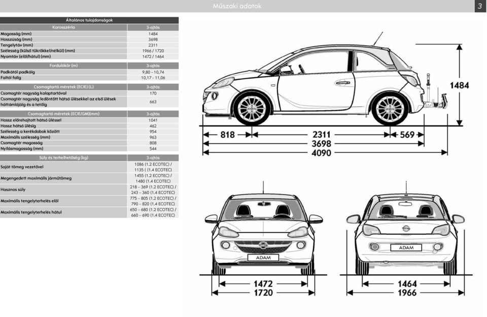 háttámlájáig és a tetőig Hossz előrehajtott hátsó üléssel Hossz hátsó ülésig zélesség a kerékdobok között Maximális szélesség (mm) Csomagtér magasság Nyílásmagasság (mm) aját tömeg vezetővel