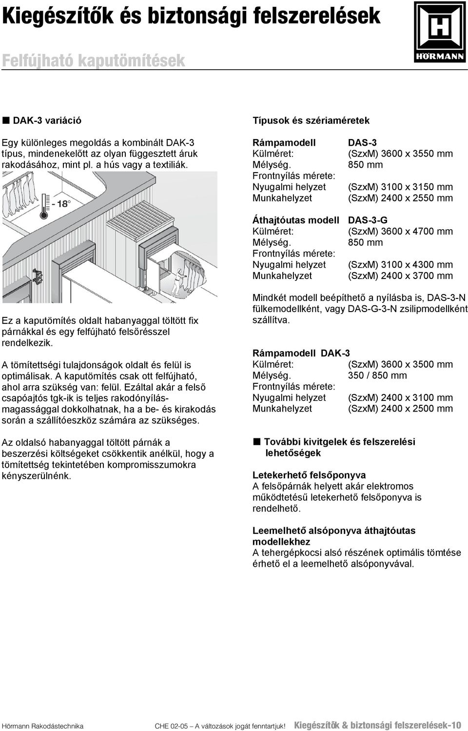 Frontnyílás mérete: Nyugalmi helyzet Munkahelyzet DAS-3 (SzxM) 3600 x 3550 mm 850 mm (SzxM) 3100 x 3150 mm (SzxM) 2400 x 2550 mm Áthajtóutas modell DAS-3-G Külméret: (SzxM) 3600 x 4700 mm Mélység.