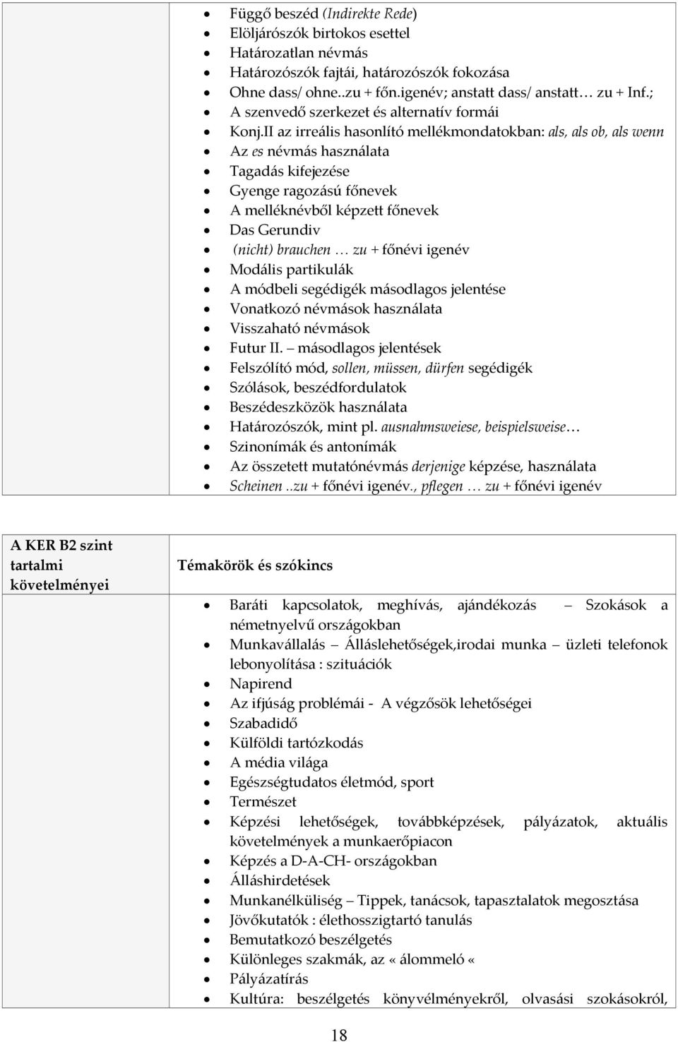II az irreális hasonlító mellékmondatokban: als, als ob, als wenn Az es névmás használata Tagadás kifejezése Gyenge ragozású főnevek A melléknévből képzett főnevek Das Gerundiv (nicht) brauchen zu +