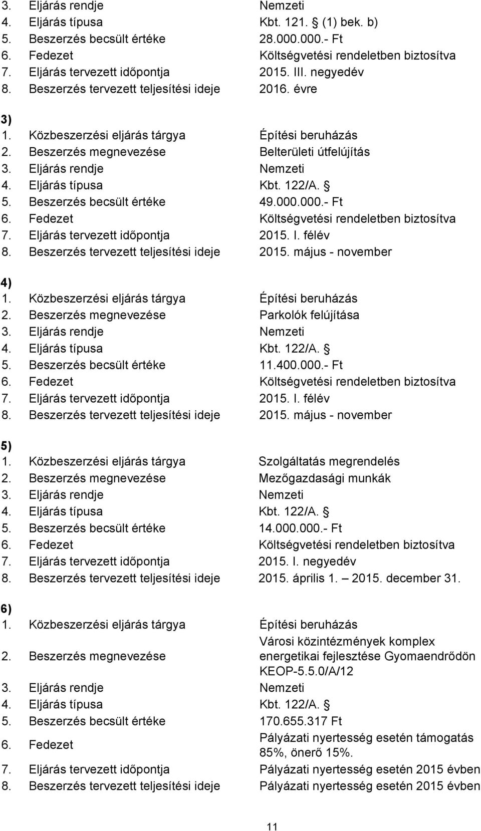 Eljárás típusa Kbt. 122/A. 5. Beszerzés becsült értéke 49.000.000.- Ft 6. Fedezet Költségvetési rendeletben biztosítva 7. Eljárás tervezett időpontja 2015. I. félév 8.