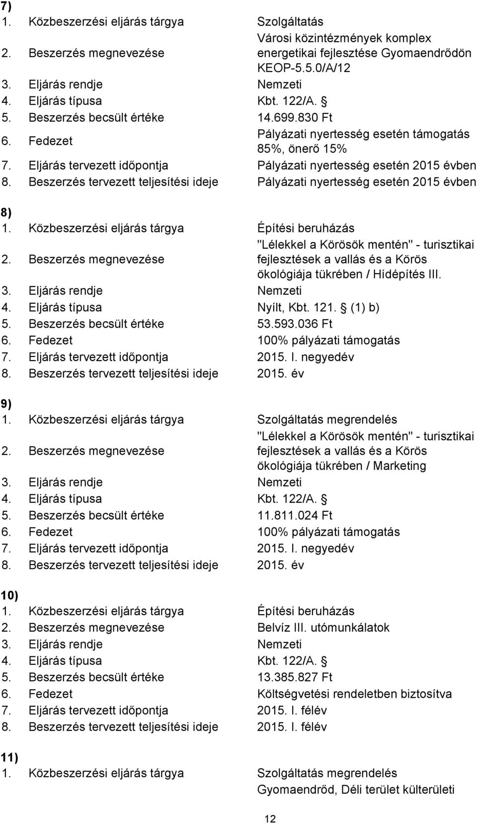 Eljárás tervezett időpontja Pályázati nyertesség esetén 2015 évben 8. Beszerzés tervezett teljesítési ideje Pályázati nyertesség esetén 2015 évben 8) 1.