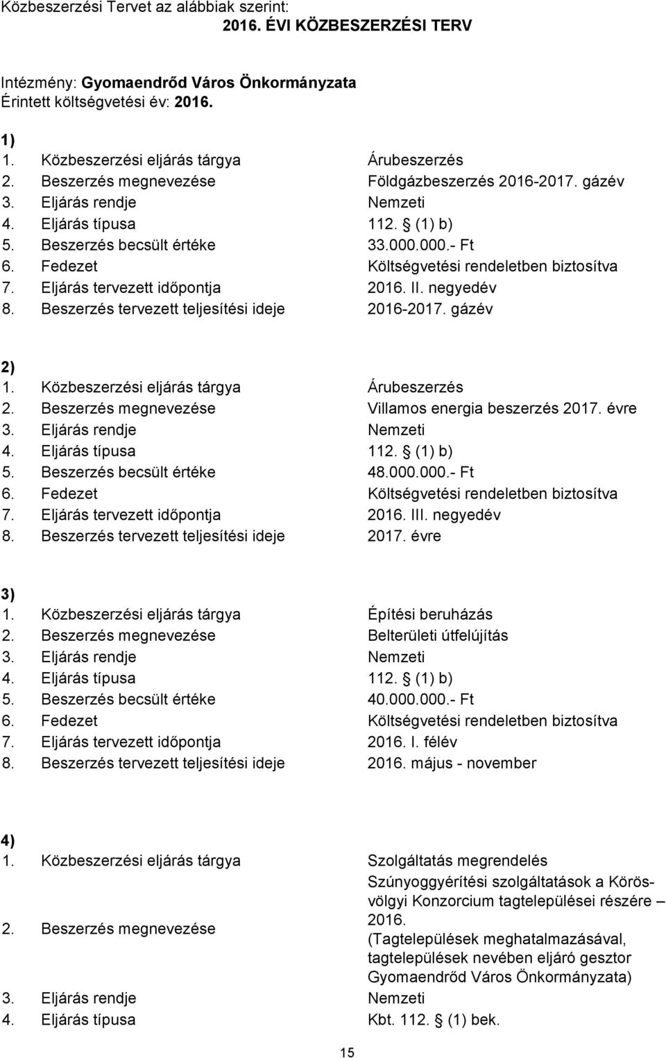 Fedezet Költségvetési rendeletben biztosítva 7. Eljárás tervezett időpontja 2016. II. negyedév 8. Beszerzés tervezett teljesítési ideje 2016-2017. gázév 2) 1.