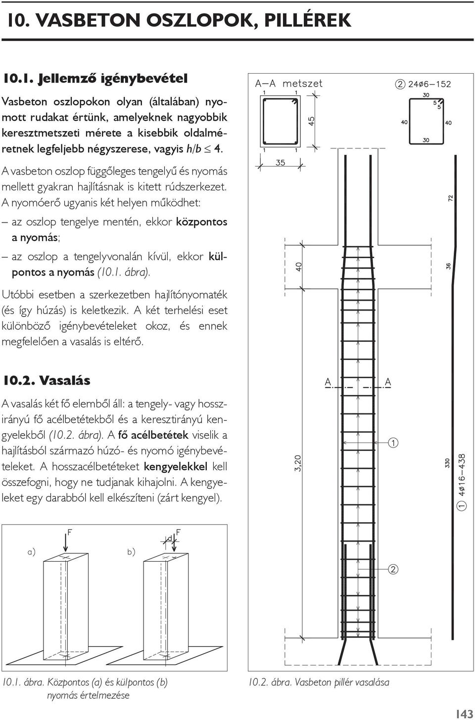 A nyomóerő ugyani két helyen működhet: az ozlop tengelye mentén, ekkor központo a nyomá; az ozlop a tengelyvonalán kívül, ekkor külponto a nyomá (10.1. ábra).