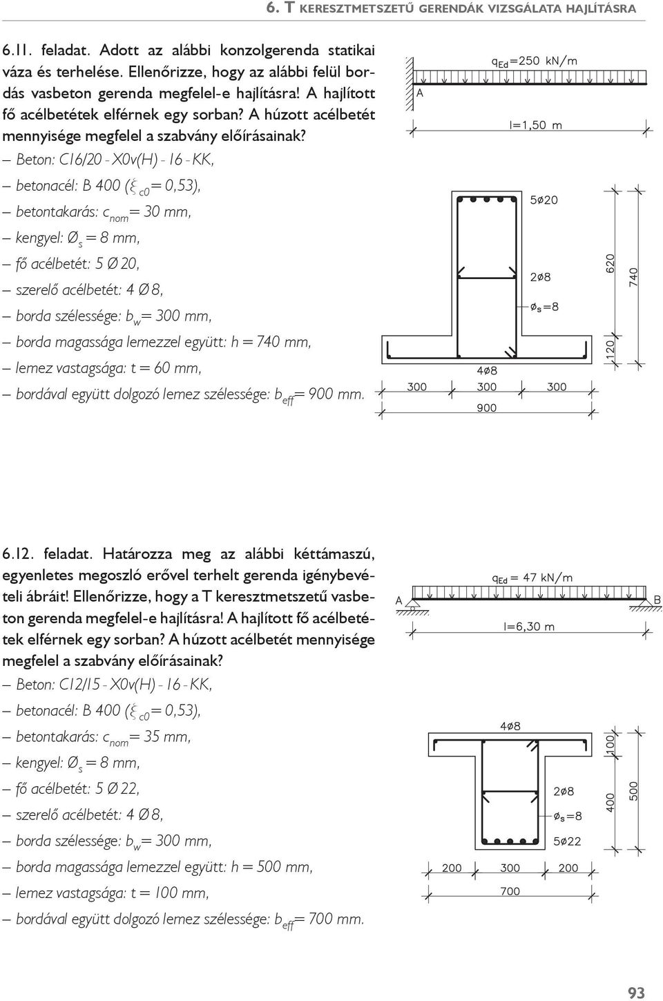 Beton: C16/0 - X0v(H) - 16 - KK, betonaél: B 400 (ξ 0 0,53), betontakará: nom 30 mm, kengyel: Ø 8 mm, fő aélbetét: 5 Ø 0, zerelő aélbetét: 4 Ø 8, borda zéleége: b w 300 mm, borda magaága lemezzel