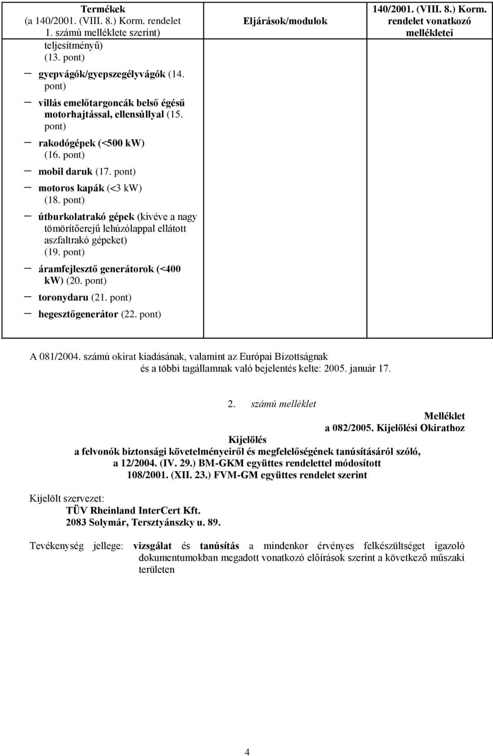 pont) útburkolatrakó gépek (kivéve a nagy tömörítőerejű lehúzólappal ellátott aszfaltrakó gépeket) (19. pont) áramfejlesztő generátorok (<400 kw) (20. pont) toronydaru (21.