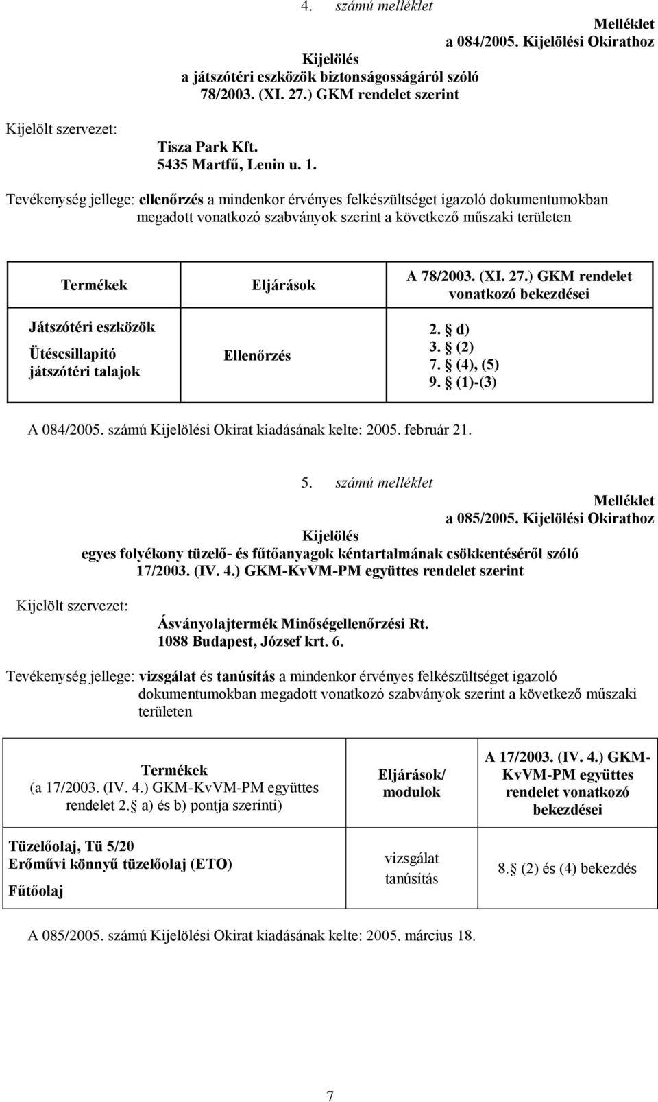 Ütéscsillapító játszótéri talajok Eljárások Ellenőrzés A 78/2003. (XI. 27.) GKM rendelet vonatkozó bekezdései 2. d) 3. (2) 7. (4), (5) 9. (1)-(3) A 084/2005. számú i Okirat kiadásának kelte: 2005.