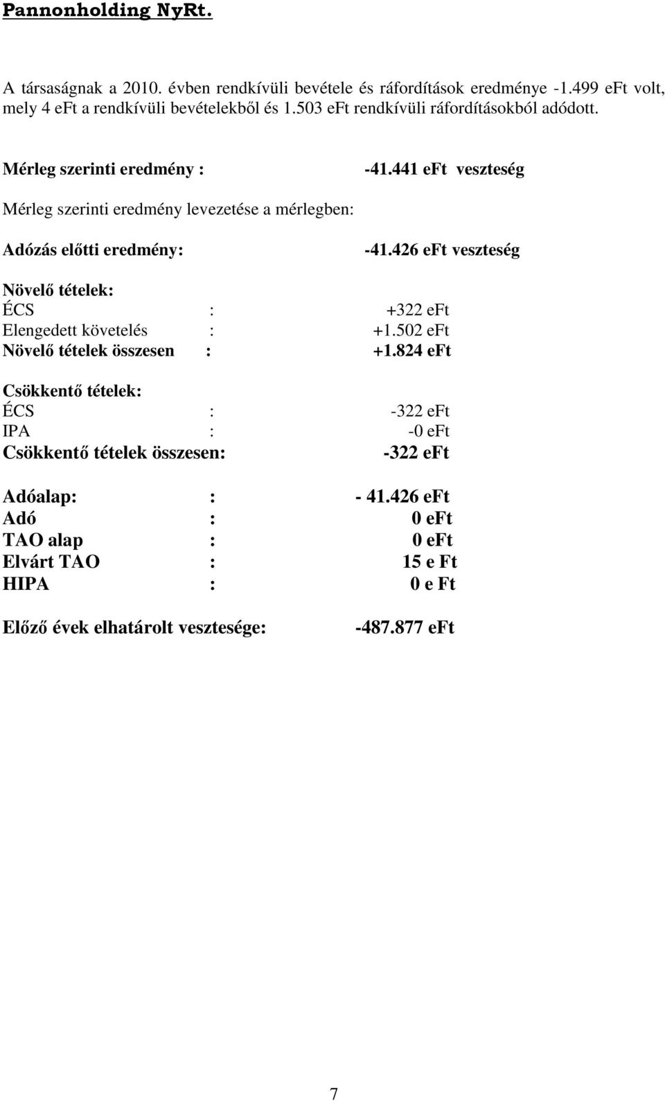 441 eft veszteség Mérleg szerinti eredmény levezetése a mérlegben: Adózás elıtti eredmény: -41.