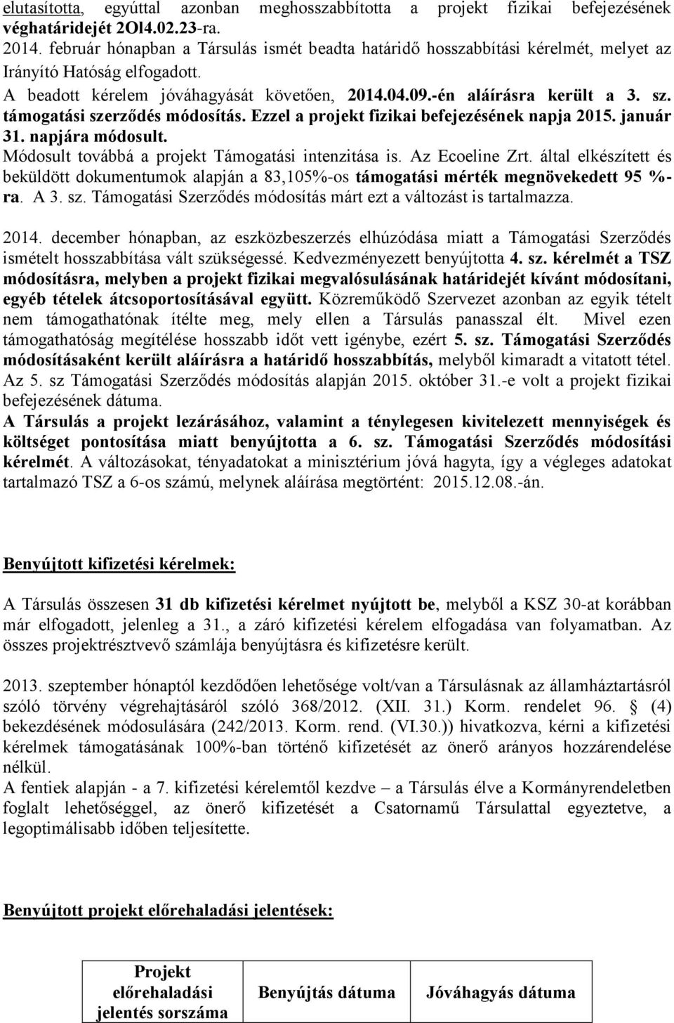 támogatási szerződés módosítás. Ezzel a projekt fizikai befejezésének napja 2015. január 31. napjára módosult. Módosult továbbá a projekt Támogatási intenzitása is. Az Ecoeline Zrt.