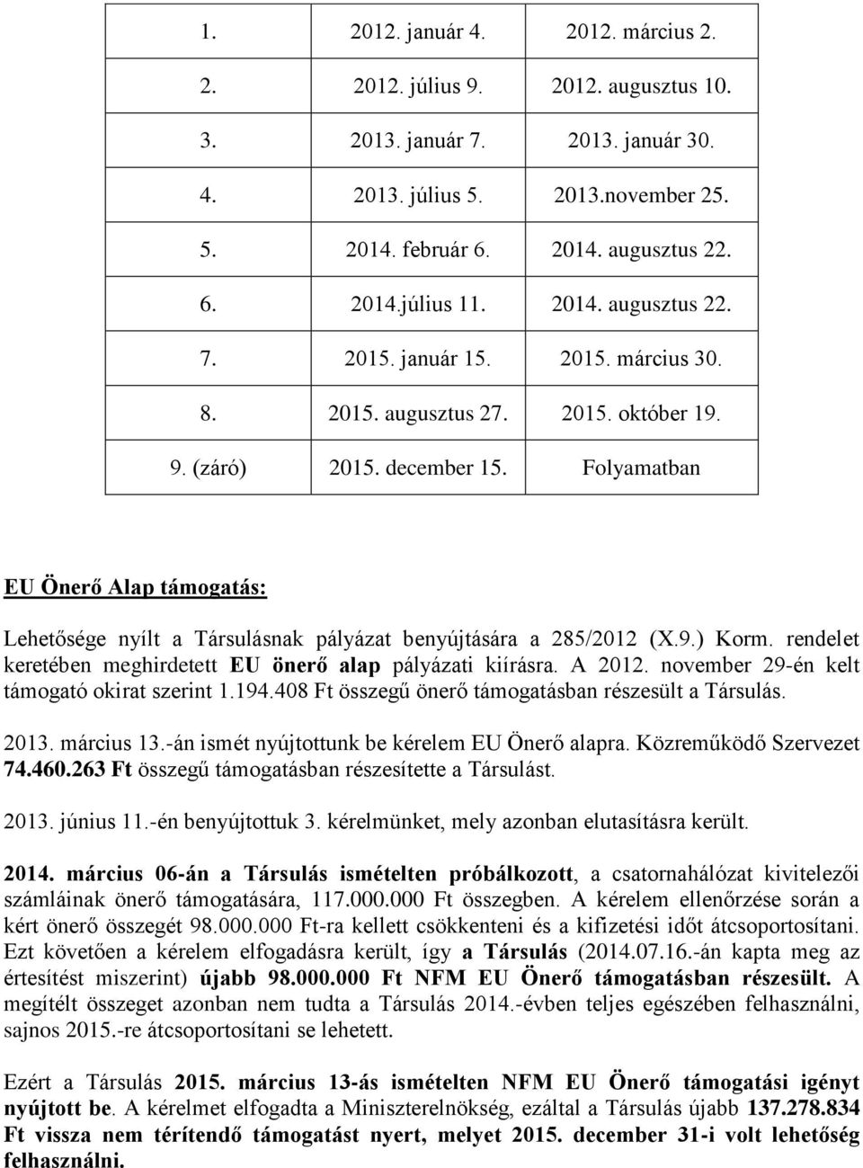 Folyamatban EU Önerő Alap támogatás: Lehetősége nyílt a Társulásnak pályázat benyújtására a 285/2012 (X.9.) Korm. rendelet keretében meghirdetett EU önerő alap pályázati kiírásra. A 2012.