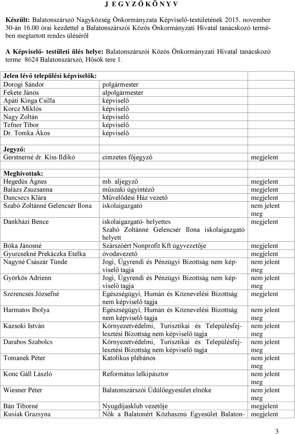 terme 8624 Balatonszárszó, Hősök tere 1. Jelen lévő települési képviselők: Dorogi Sándor Fekete János Apáti Kinga Csilla Korcz Miklós Nagy Zoltán Tefner Tibor Dr.