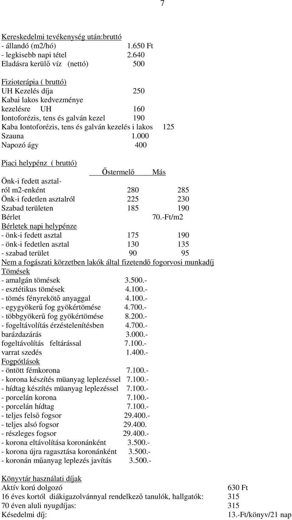 kezelés i lakos 125 Szauna 1.000 Napozó ágy 400 Piaci helypénz ( bruttó) Őstermelő Más Önk-i fedett asztalról m2-enként 280 285 Önk-i fedetlen asztalról 225 230 Szabad területen 185 190 Bérlet 70.