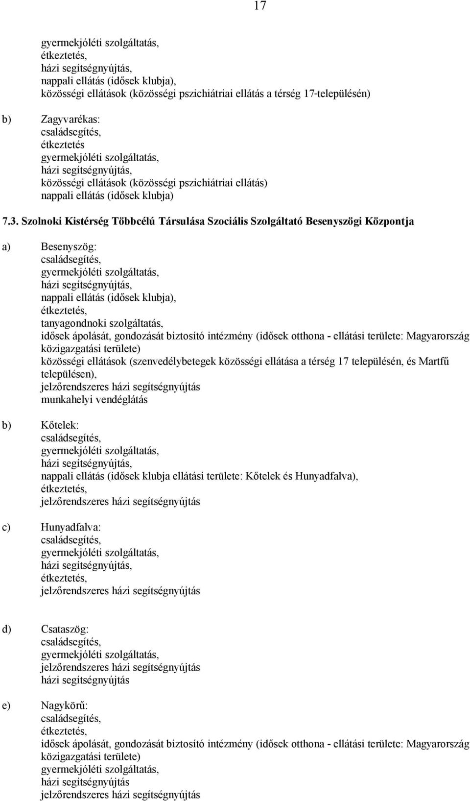 Szolnoki Kistérség Többcélú Társulása Szociális Szolgáltató Besenyszögi Központja a) Besenyszög: gyermekjóléti szolgáltatás, házi segítségnyújtás, nappali ellátás (idősek klubja), étkeztetés,