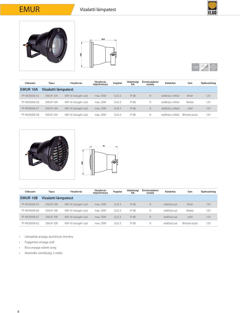 50W GU5.3 IP 68 III védőrács nélkül félmatt ezüst 12V Cikkszám Típus EMUR 10B Vízalatti lámpatest Kialakítás Szín Tápfeszültség YP-WO0058-59 EMUR 10B MR-16 halogén izzó max. 50W GU5.