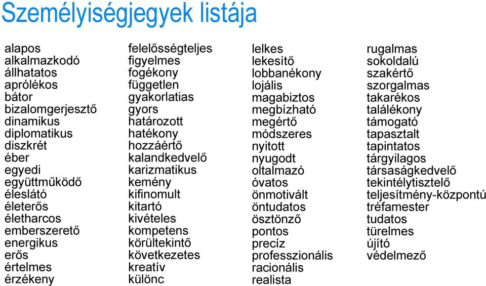 körültekintő következetes kreatív különc lelkes lekesítő lobbanékony lojális magabiztos megbízható megértő módszeres nyitott nyugodt oltalmazó óvatos önmotivált öntudatos ösztönző pontos precíz