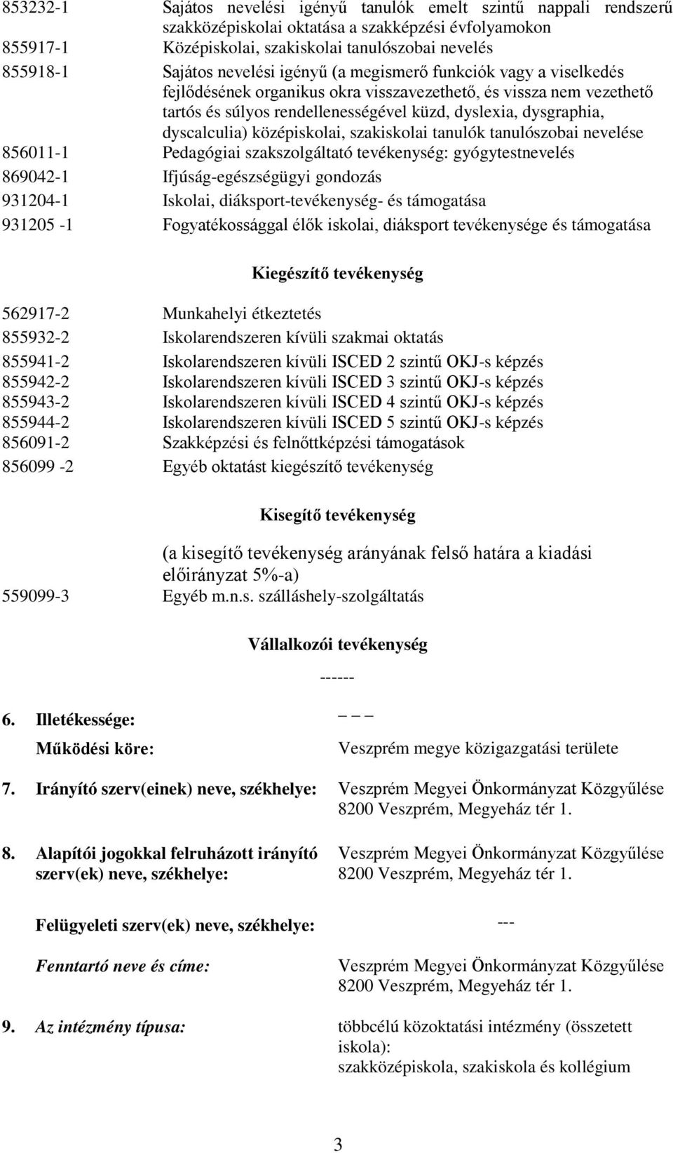 Ifjúság-egészségügyi gondozás 931204-1 Iskolai, diáksport-tevékenység- és támogatása 931205-1 Fogyatékossággal élők iskolai, diáksport tevékenysége és támogatása Kiegészítő tevékenység 562917-2