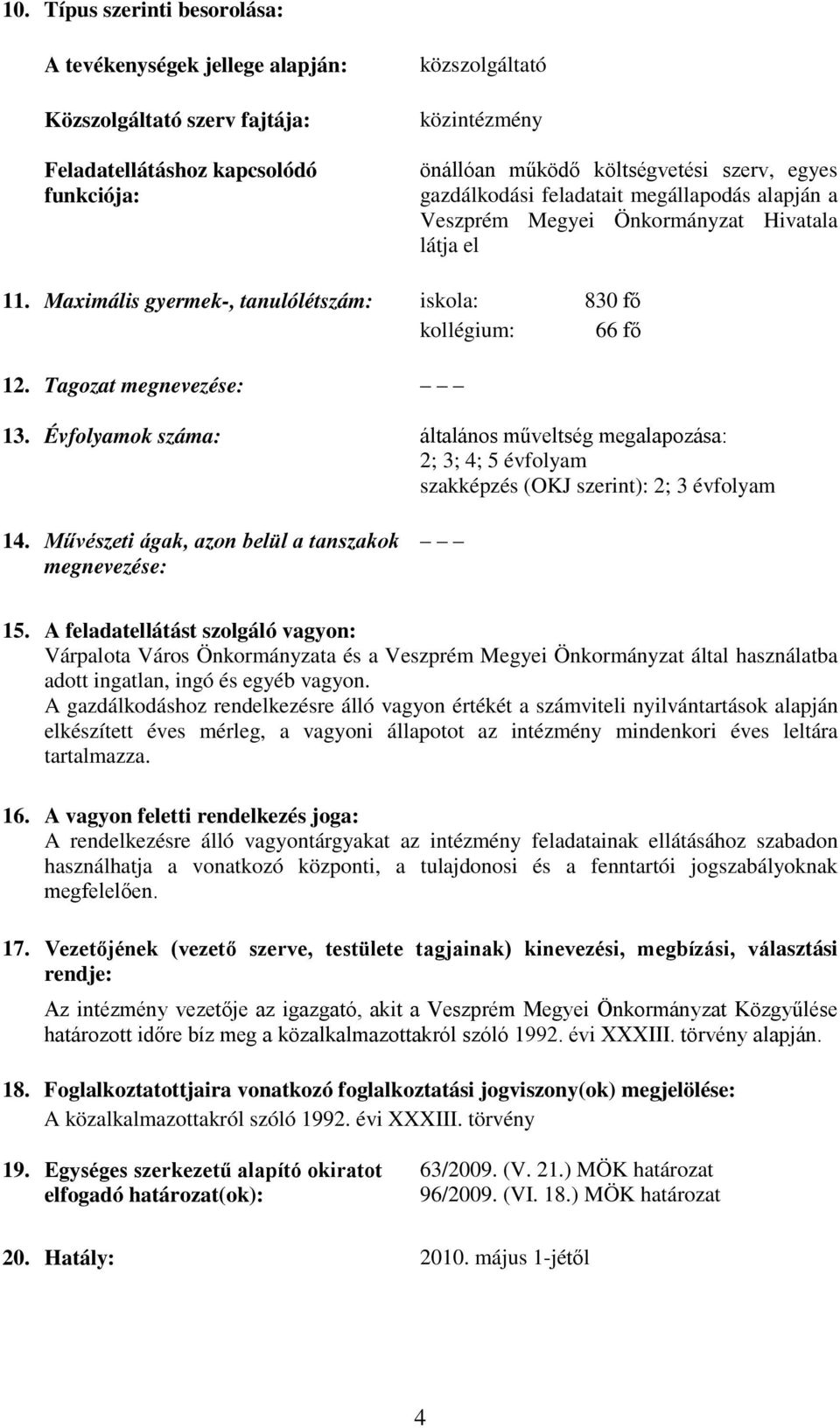 Évfolyamok a: általános műveltség megalapozása: 2; 3; 4; 5 évfolyam szakképzés (OKJ szerint): 2; 3 évfolyam 14. Művészeti ágak, azon belül a tanszakok e: 15.