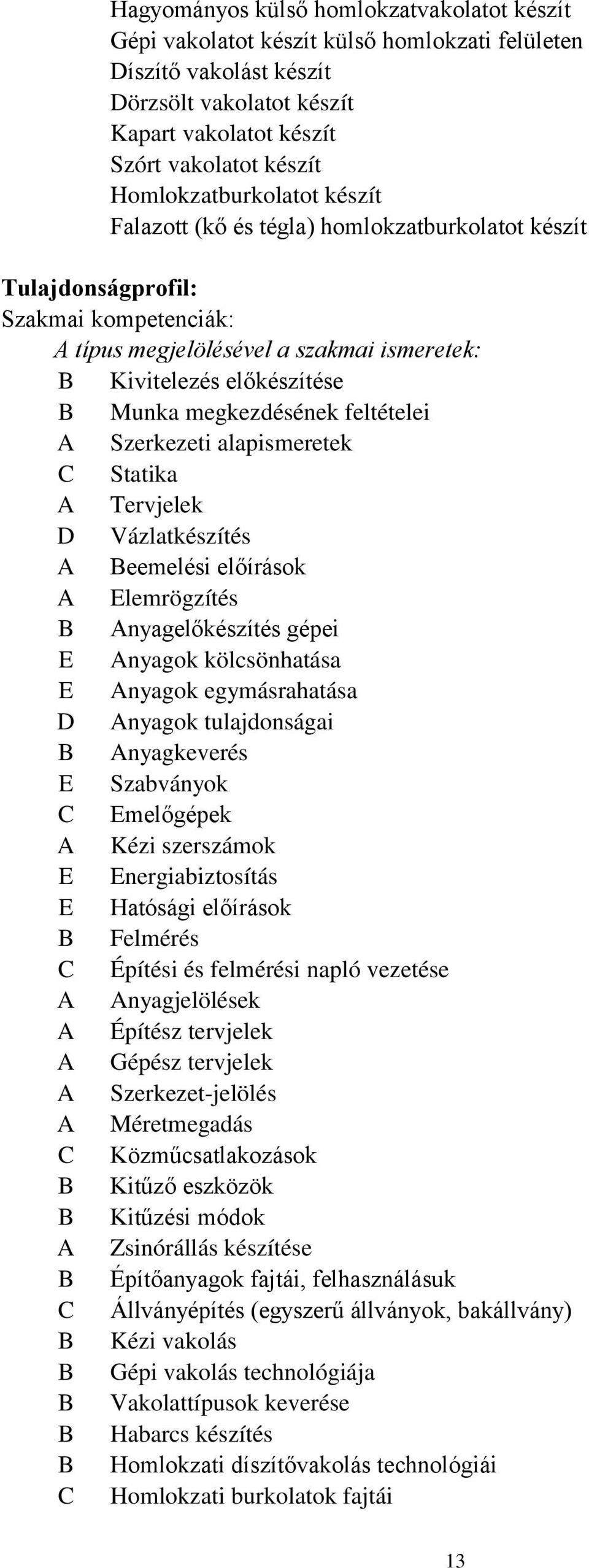 megkezdésének feltételei A Szerkezeti alapismeretek C Statika A Tervjelek D Vázlatkészítés A Beemelési előírások A Elemrögzítés B Anyagelőkészítés gépei E Anyagok kölcsönhatása E Anyagok