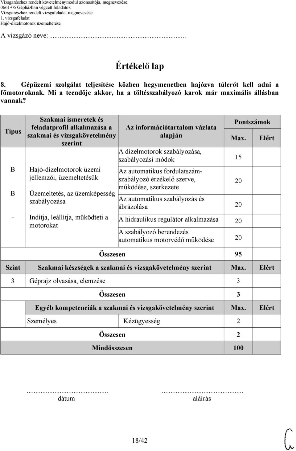 Típus B B Szakmai ismeretek és feladatprofil alkalmazása a szakmai és vizsgakövetelmény szerint Hajódízelmotorok üzemi jellemzői, üzemeltetésük Üzemeltetés, az üzemképesség szabályozása Indítja,