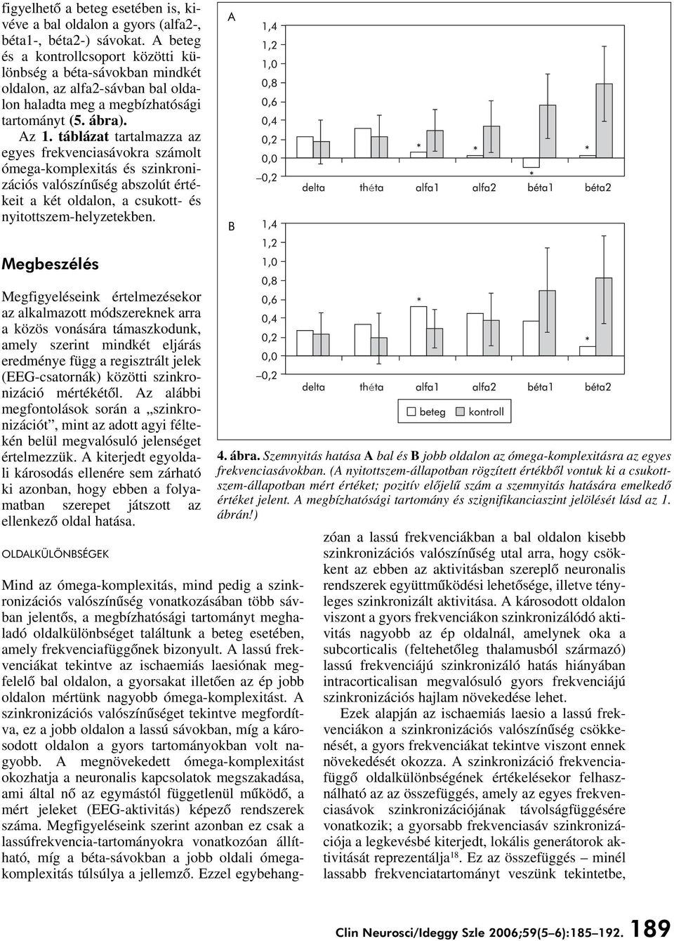 táblázat tartalmazza az egyes frekvenciasávokra számolt ómega-komplexitás és szinkronizációs valószínûség abszolút értékeit a két oldalon, a csukott- és nyitottszem-helyzetekben.