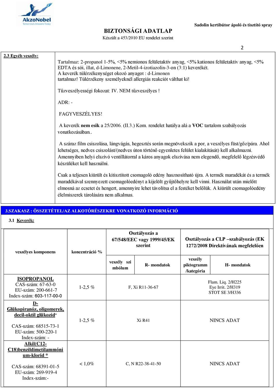 A keverék nem esik a 25/2006. (II.3.) Kom. rendelet hatálya alá a VOC tartalom szabályozás vonatkozásában.