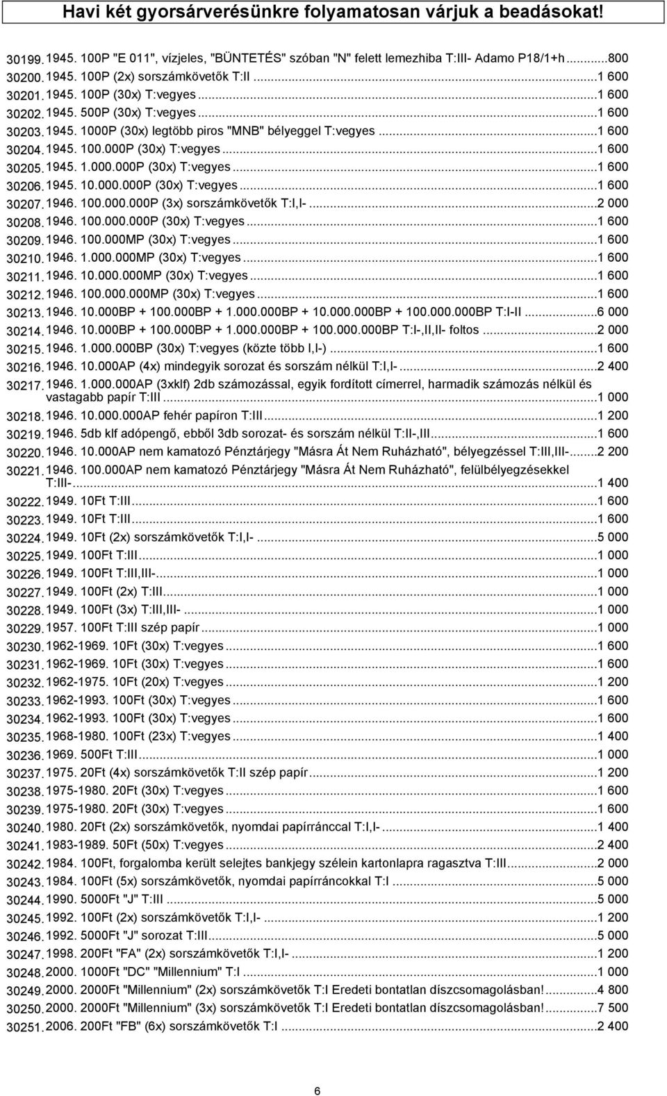 ..1 600 30205.1945. 1.000.000P (30x) T:vegyes...1 600 30206.1945. 10.000.000P (30x) T:vegyes...1 600 30207.1946. 100.000.000P (3x) sorszámkövetők T:I,I-...2 000 30208.1946. 100.000.000P (30x) T:vegyes...1 600 30209.