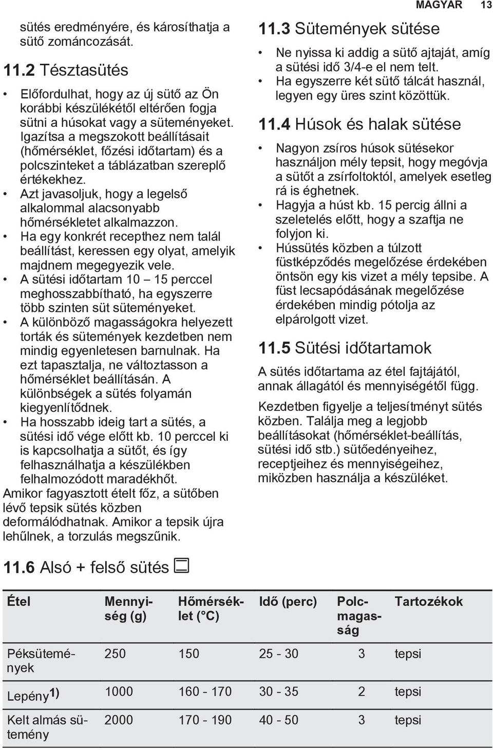 Azt javasoljuk, hogy a legelső alkalommal alacsonyabb hőmérsékletet alkalmazzon. Ha egy konkrét recepthez nem talál beállítást, keressen egy olyat, amelyik majdnem megegyezik vele.