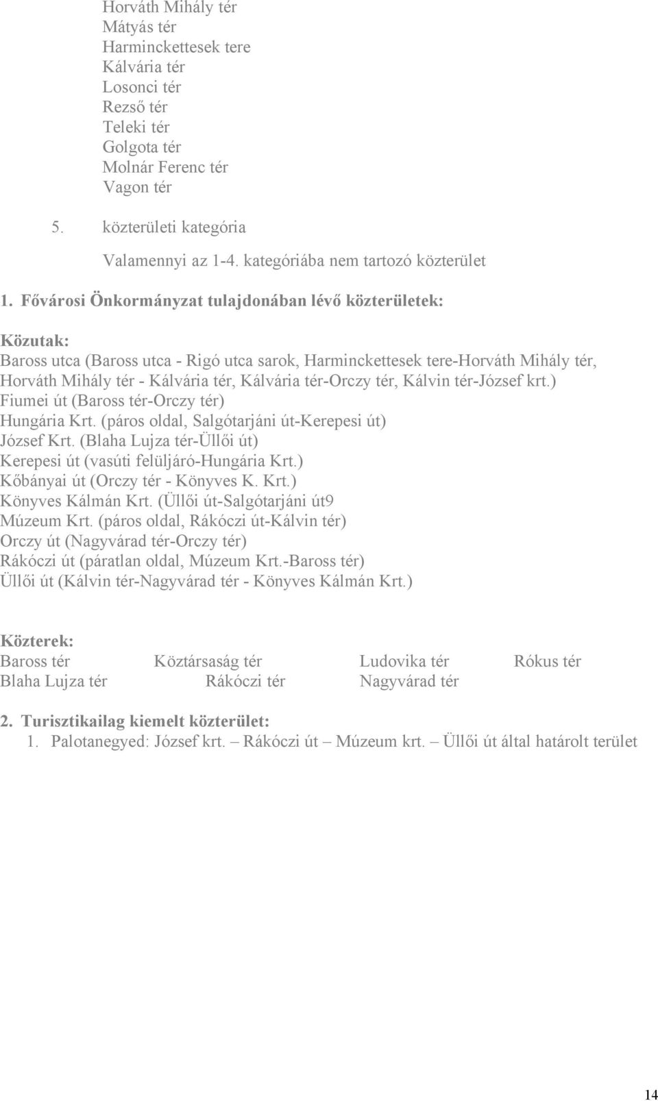 Fővárosi Önkormányzat tulajdonában lévő közterületek: Közutak: Baross utca (Baross utca - Rigó utca sarok, Harminckettesek tere-horváth Mihály tér, Horváth Mihály tér - Kálvária tér, Kálvária