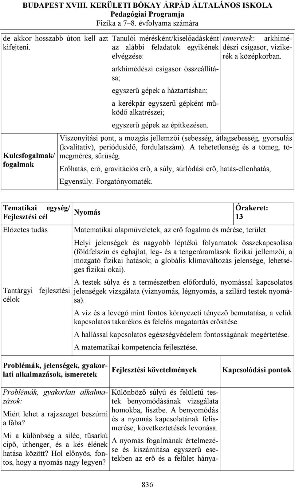 működő alkatrészei; egyszerű gépek az építkezésen. ismeretek: arkhimédészi csigasor, vízikerék a középkorban.