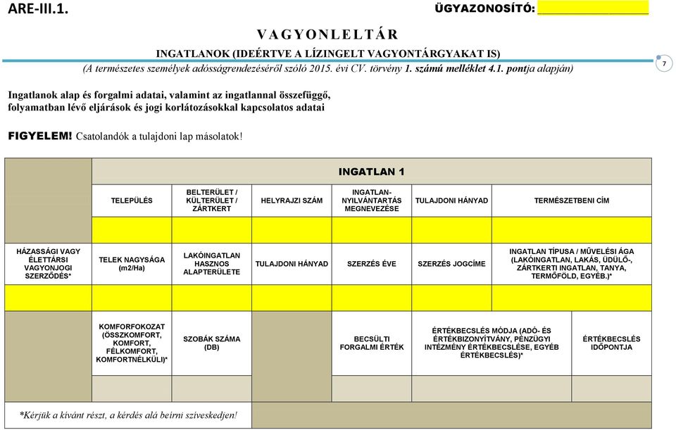 INGATLAN 1 TELEPÜLÉS BELTERÜLET / KÜLTERÜLET / ZÁRTKERT HELYRAJZI SZÁM INGATLAN- NYILVÁNTARTÁS MEGNEVEZÉSE TULAJDONI HÁNYAD TERMÉSZETBENI CÍM HÁZASSÁGI VAGY ÉLETTÁRSI VAGYONJOGI SZERZŐDÉS* TELEK