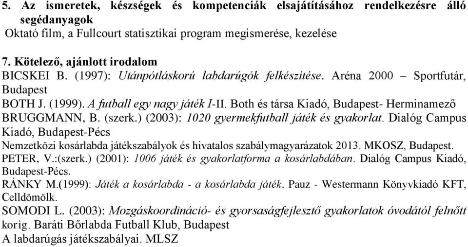 ) (2003): 1020 gyermekfutball játék és gyakorlat. Dialóg Campus Kiadó, Budapest-Pécs Nemzetközi kosárlabda játékszabályok és hivatalos szabálymagyarázatok 2013. MKOSZ, Budapest. PETER, V.:(szerk.