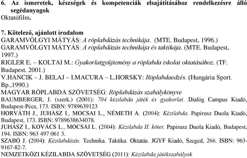 HANCIK J. BELAJ I.MACURA L.HORSKY: Röplabdaedzés. (Hungária Sport. Bp.,1990.) MAGYAR RÖPLABDA SZÖVETSÉG: Röplabdázás szabálykönyve BAUMBERGER, J. (szerk.) (2001): 704 kézilabda játék és gyakorlat.