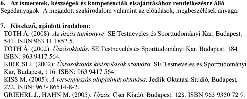 SE Testnevelés és Sporttudományi Kar, Budapest, 184. ISBN: 963 9417 564. KIRICSI J. (2002): Úszásoktatás kisiskolások számára. SE Testnevelés és Sporttudományi Kar, Budapest, 116.