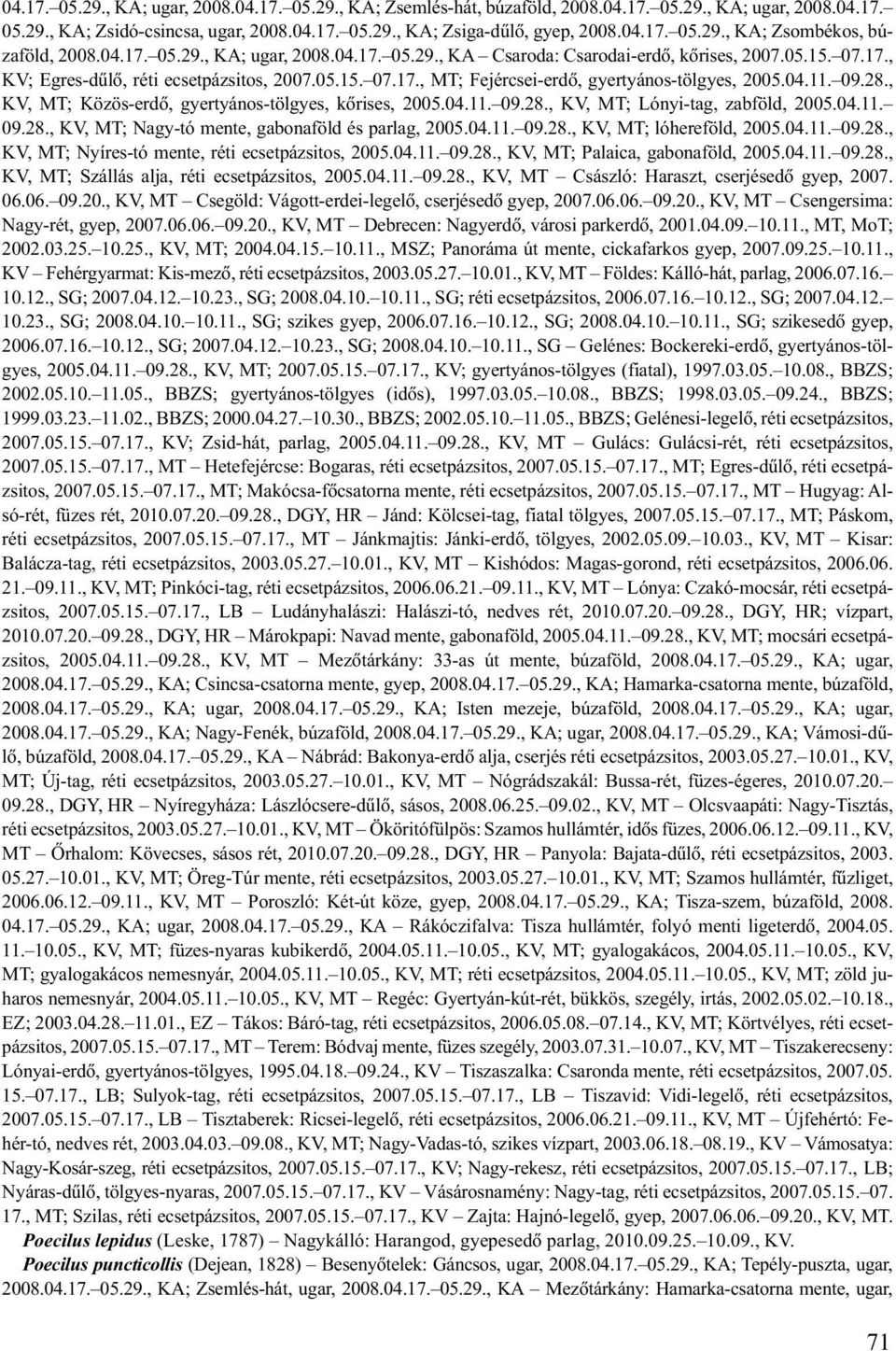 04.11. 09.28., KV, MT; Közös-erdõ, gyertyános-tölgyes, kõrises, 2005.04.11. 09.28., KV, MT; Lónyi-tag, zabföld, 2005.04.11. 09.28., KV, MT; Nagy-tó mente, gabonaföld és parlag, 2005.04.11. 09.28., KV, MT; lóhereföld, 2005.