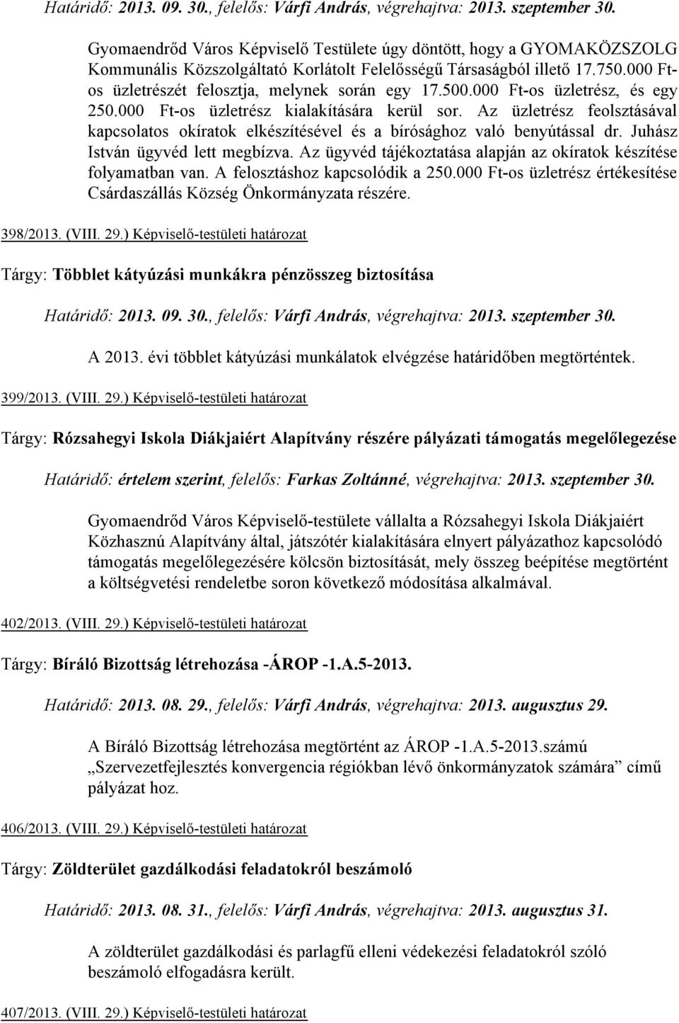 500.000 Ft-os üzletrész, és egy 250.000 Ft-os üzletrész kialakítására kerül sor. Az üzletrész feolsztásával kapcsolatos okíratok elkészítésével és a bírósághoz való benyútással dr.