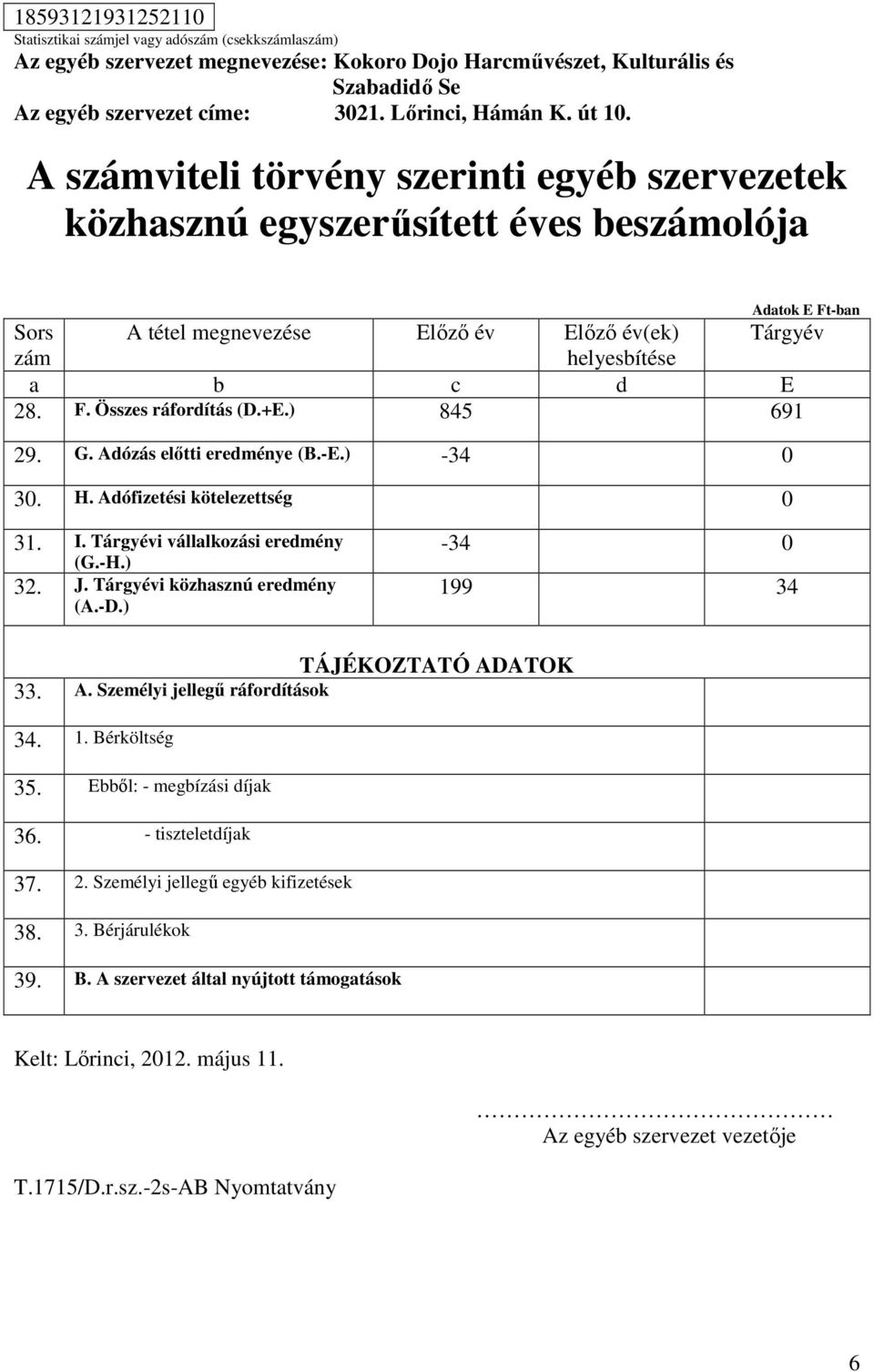 ) -34 0 199 34 TÁJÉKOZTATÓ ADATOK 33. A. Személyi jellegű ráfordítások 34. 1. Bérköltség 35. Ebből: - megbízási díjak 36.