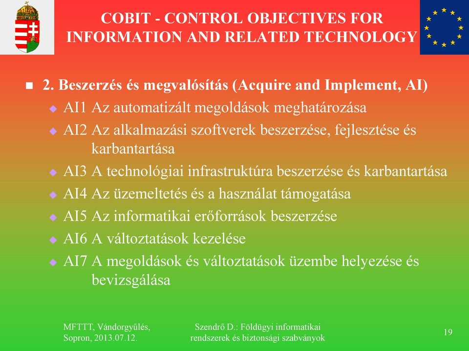 szoftverek beszerzése, fejlesztése és karbantartása AI3 A technológiai infrastruktúra beszerzése és karbantartása AI4 Az