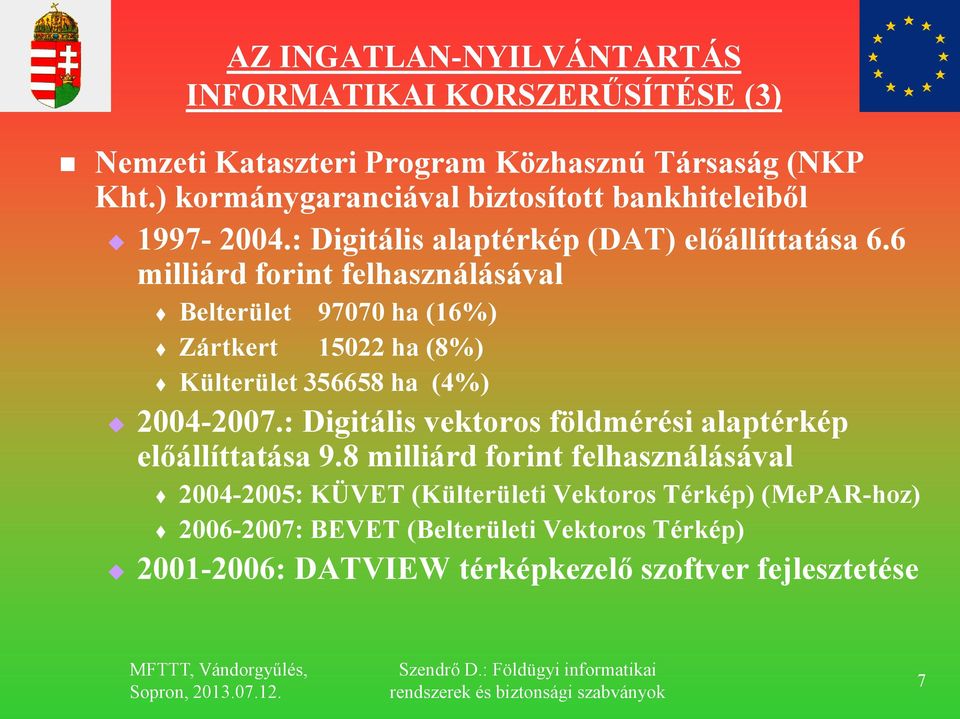 6 milliárd forint felhasználásával Belterület 97070 ha (16%) Zártkert 15022 ha (8%) Külterület 356658 ha (4%) 2004-2007.