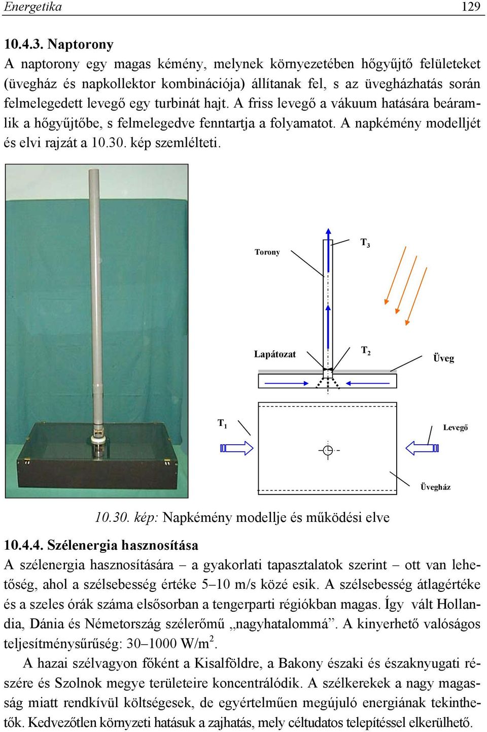 A friss levegő a vákuum hatására beáramlik a hőgyűjtőbe, s felmelegedve fenntartja a folyamatot. A napkémény modelljét és elvi rajzát a 10.30. kép szemlélteti.