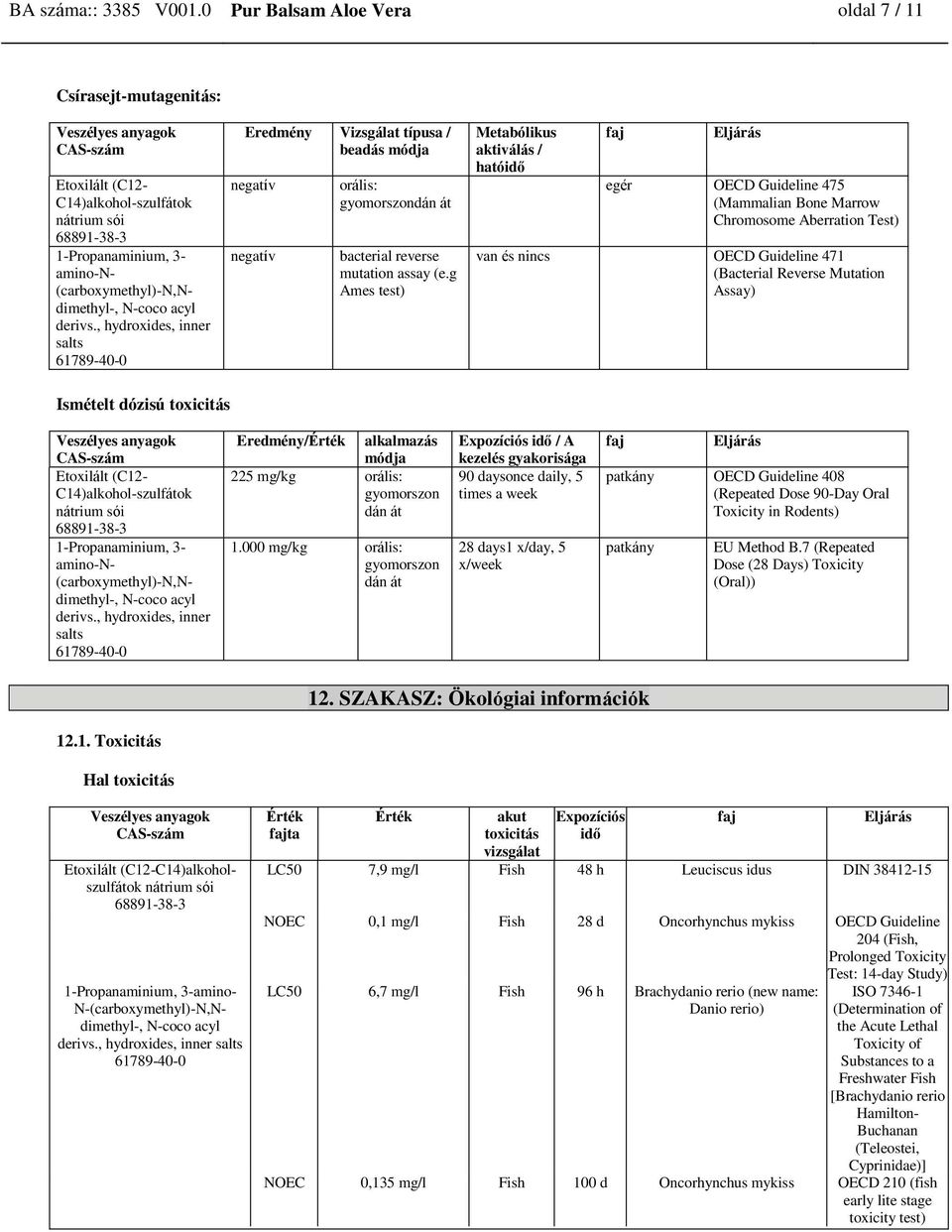 g Ames test) Metabólikus aktiválás / hatóidő egér OECD Guideline 475 (Mammalian Bone Marrow Chromosome Aberration Test) van és nincs OECD Guideline 471 (Bacterial Reverse Mutation Assay) Ismételt